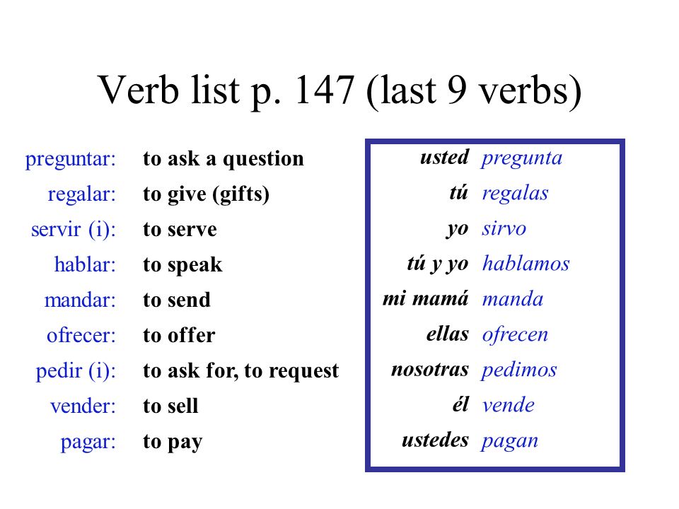 Verb list p. 147 (last 9 verbs)