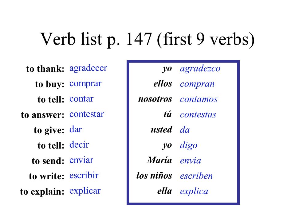 Verb list p. 147 (first 9 verbs)