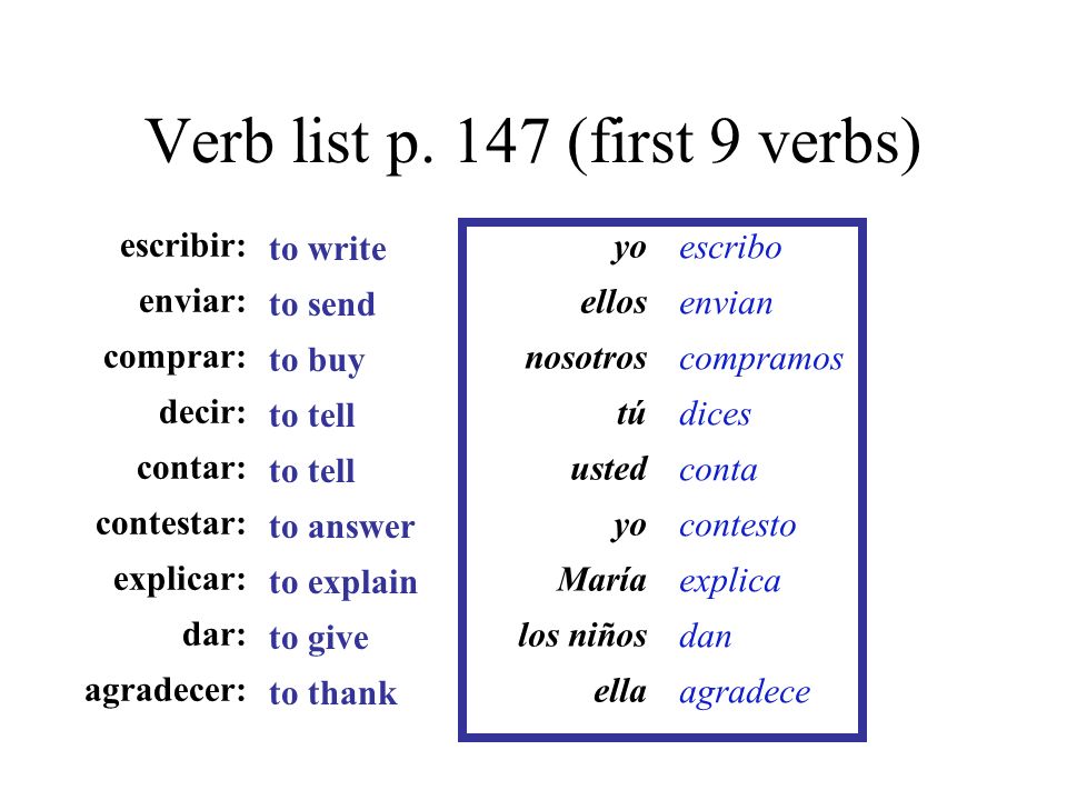 Verb list p. 147 (first 9 verbs)