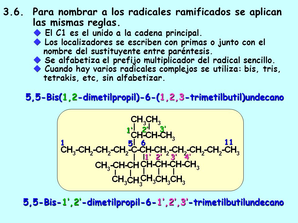 3. 6. Para nombrar a los radicales ramificados se aplican