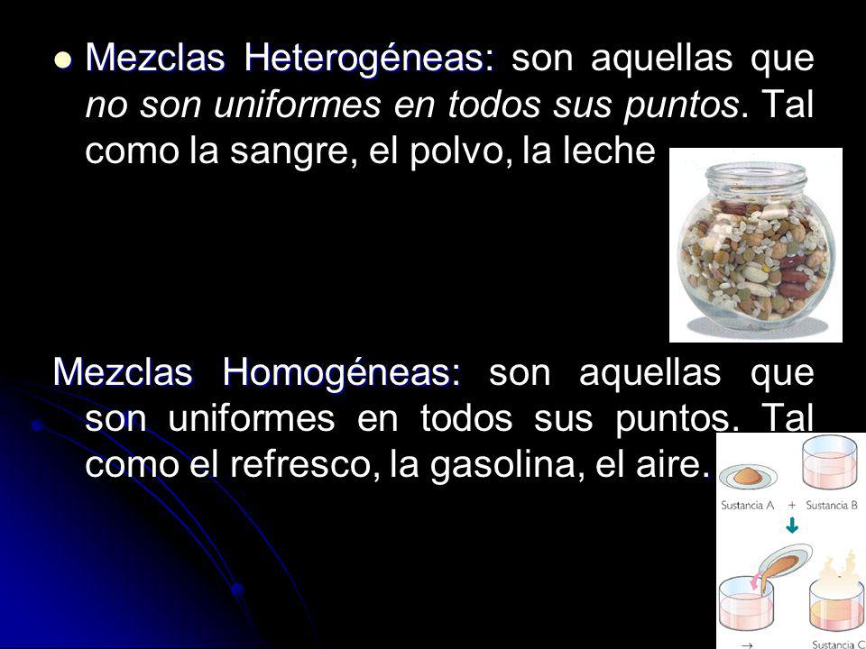 Mezclas Heterogéneas: son aquellas que no son uniformes en todos sus puntos. Tal como la sangre, el polvo, la leche