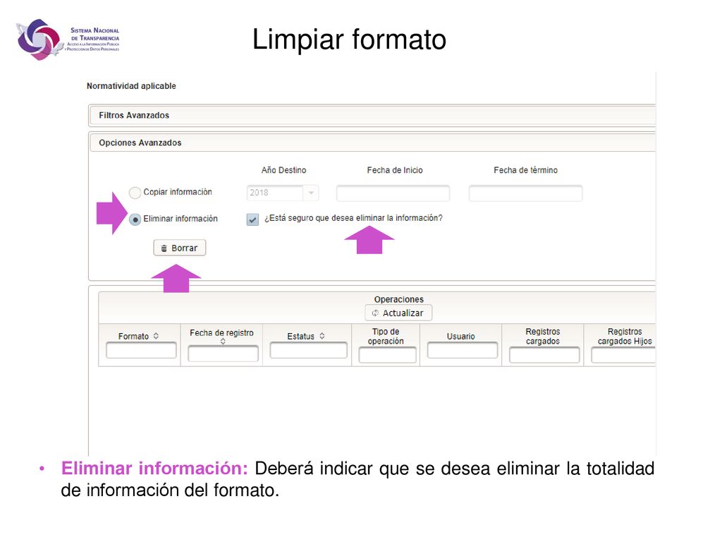 Limpiar formato Eliminar información: Deberá indicar que se desea eliminar la totalidad de información del formato.