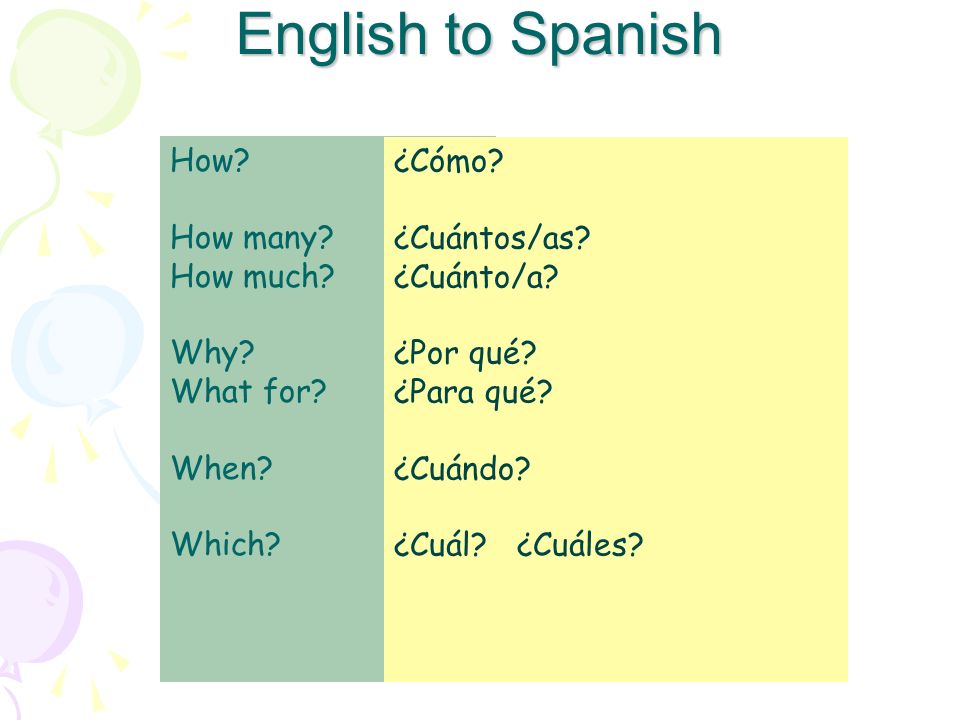 English to Spanish How How many How much Why What for When