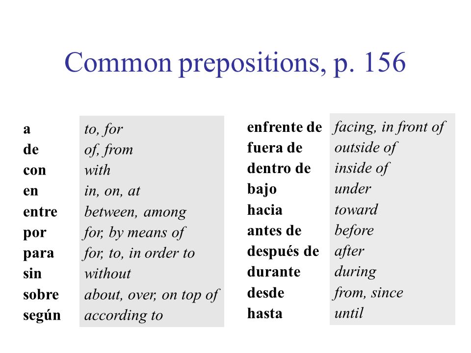 Common prepositions, p. 156 a de con en entre por para sin sobre según