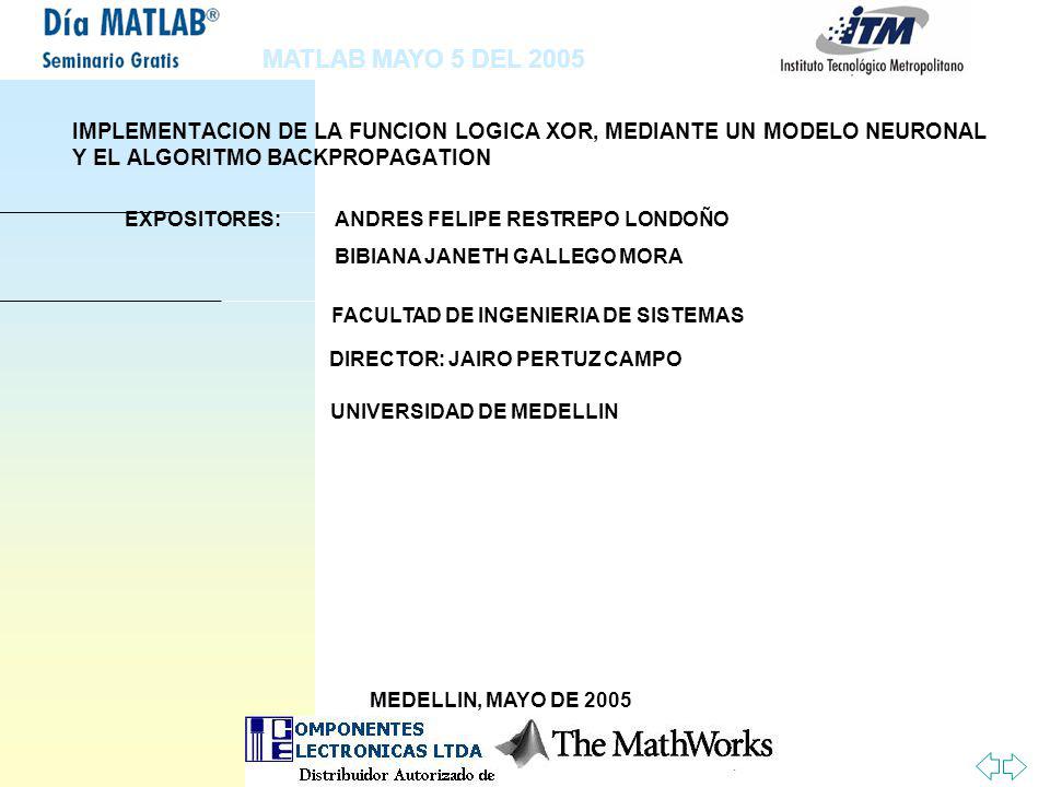 MATLAB MAYO 5 DEL 2005 IMPLEMENTACION DE LA FUNCION LOGICA XOR, MEDIANTE UN MODELO NEURONAL Y EL ALGORITMO BACKPROPAGATION.