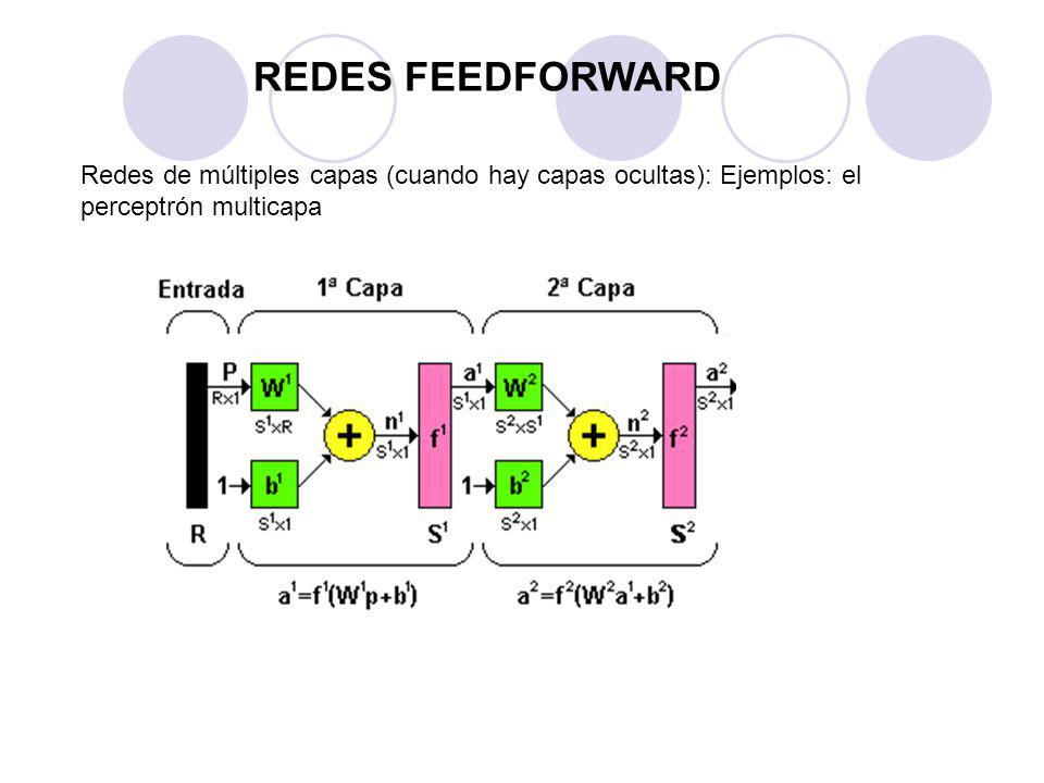 REDES FEEDFORWARD Redes de múltiples capas (cuando hay capas ocultas): Ejemplos: el perceptrón multicapa.