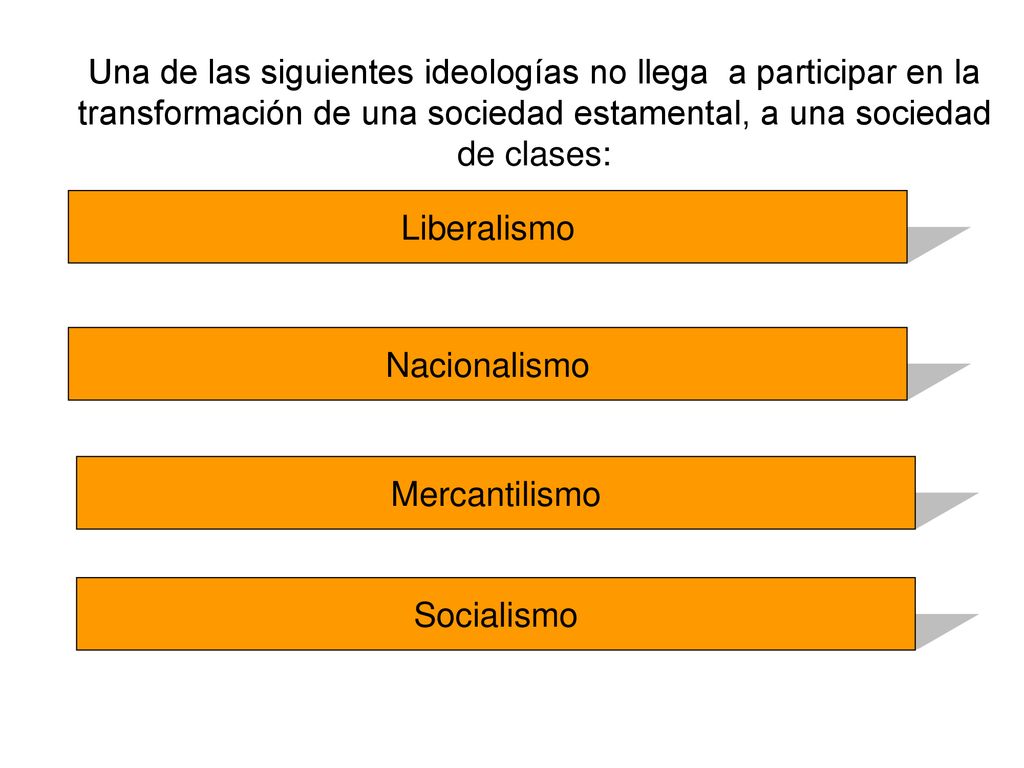 Una de las siguientes ideologías no llega a participar en la transformación de una sociedad estamental, a una sociedad de clases: