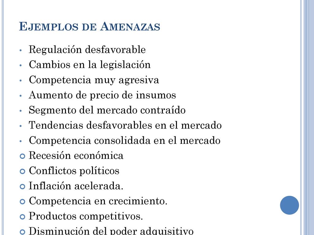 Ejemplos de Amenazas Regulación desfavorable Cambios en la legislación