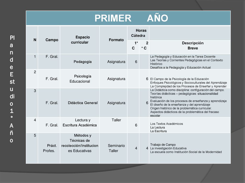PRIMER AÑO Plan de Estudio 1°Año N Campo Espacio curricular Formato