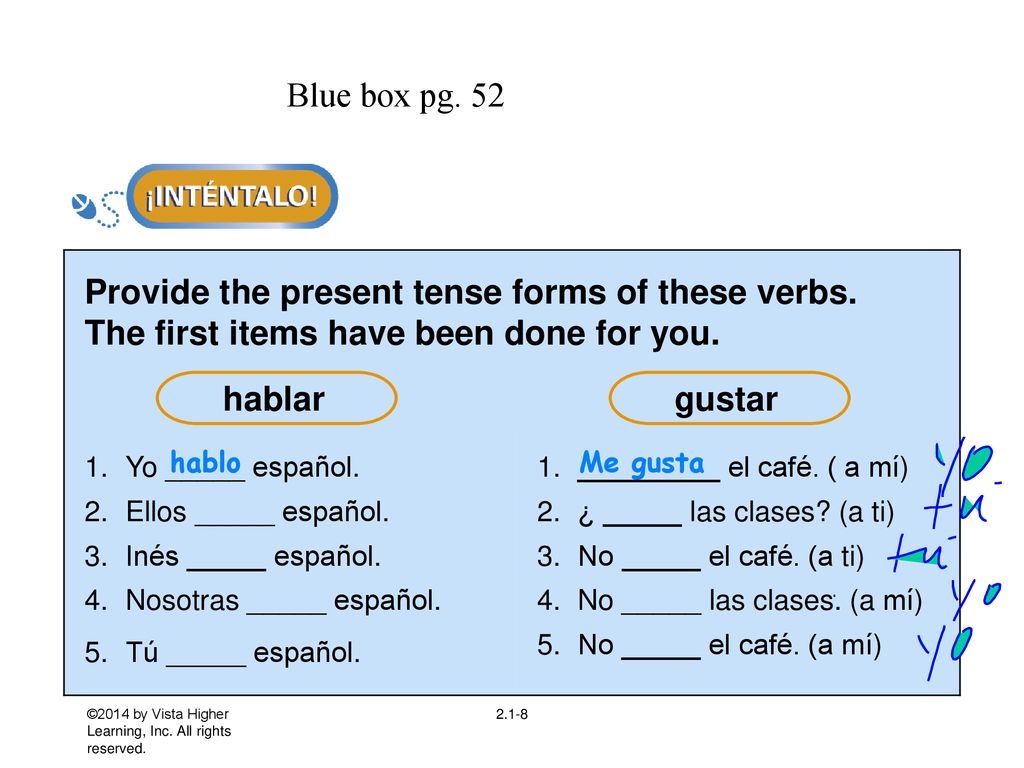 Blue box pg. 52 Provide the present tense forms of these verbs. The first items have been done for you.