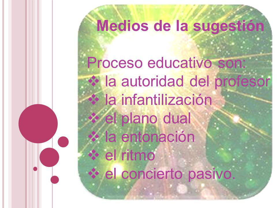 Medios de la sugestión Proceso educativo son: la autoridad del profesor. la infantilización. el plano dual.