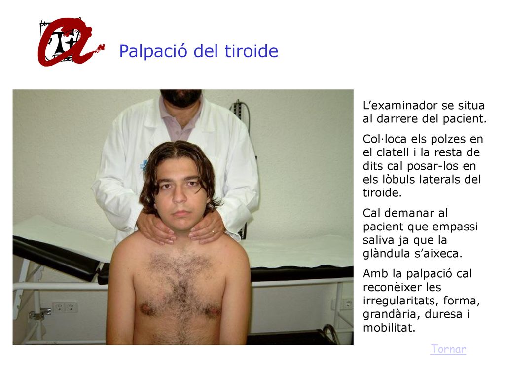 Palpació del tiroide L’examinador se situa al darrere del pacient.