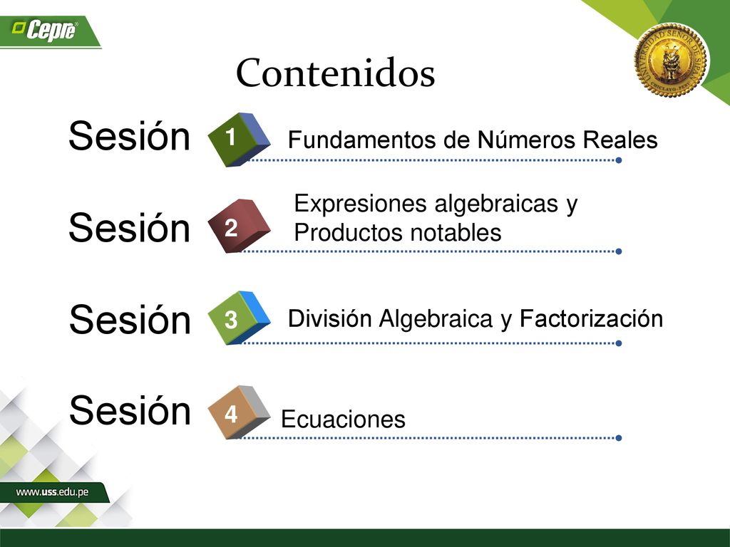 Contenidos Sesión Sesión Sesión Sesión 1 Fundamentos de Números Reales