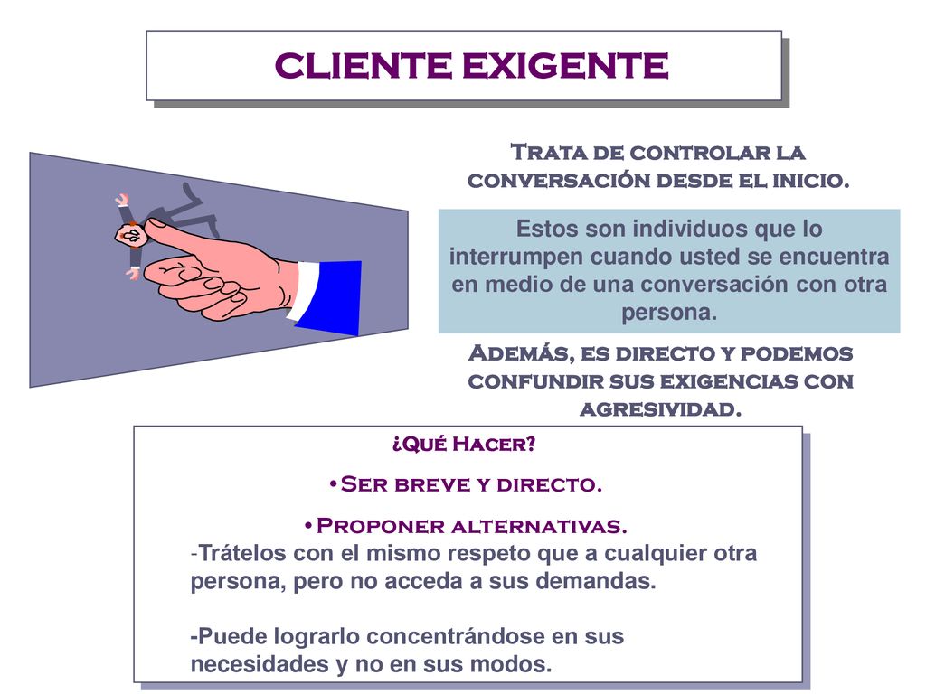 CLIENTE EXIGENTE Trata de controlar la conversación desde el inicio.