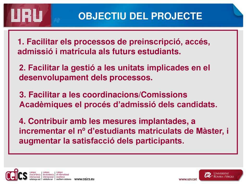 OBJECTIU DEL PROJECTE 1. Facilitar els processos de preinscripció, accés, admissió i matrícula als futurs estudiants.