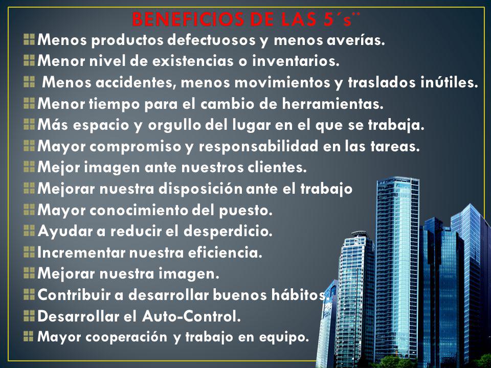 BENEFICIOS DE LAS 5´s¨ Menos productos defectuosos y menos averías.