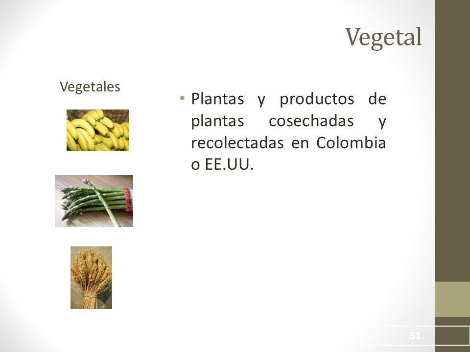 Vegetal Vegetales Plantas y productos de plantas cosechadas y recolectadas en Colombia o EE.UU.