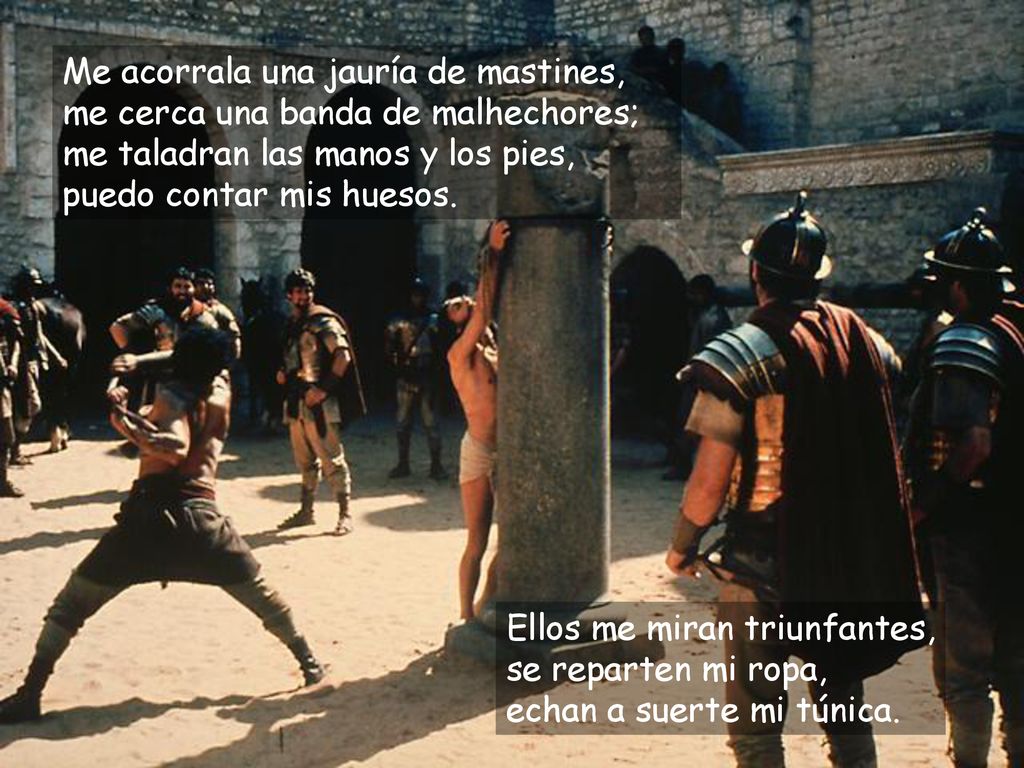 Me acorrala una jauría de mastines, me cerca una banda de malhechores; me taladran las manos y los pies, puedo contar mis huesos.
