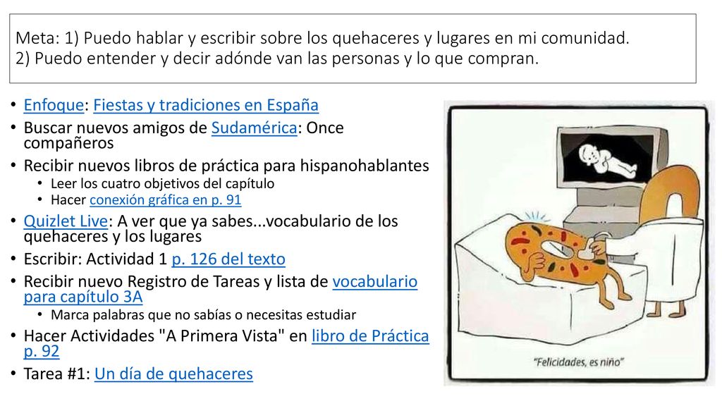 Meta: 1) Puedo hablar y escribir sobre los quehaceres y lugares en mi comunidad. 2) Puedo entender y decir adónde van las personas y lo que compran.