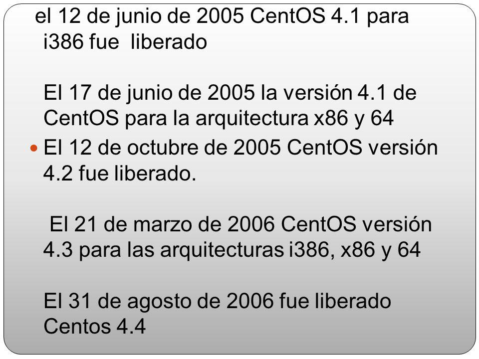 el 12 de junio de 2005 CentOS 4.1 para i386 fue liberado El 17 de junio de 2005 la versión 4.1 de CentOS para la arquitectura x86 y 64