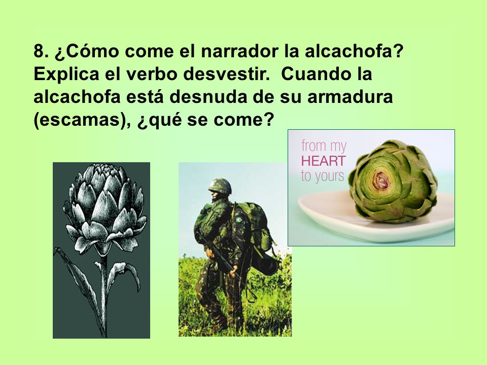 8. ¿Cómo come el narrador la alcachofa. Explica el verbo desvestir