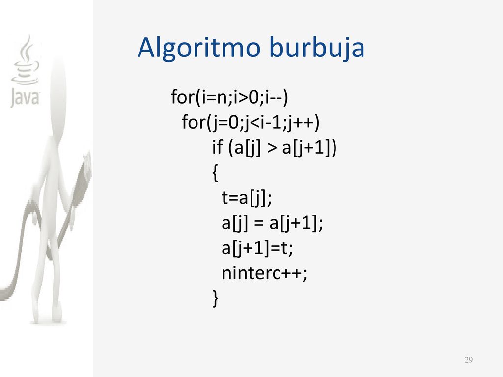 Algoritmo burbuja for(i=n;i>0;i--) for(j=0;j<i-1;j++) if (a[j] > a[j+1]) { t=a[j]; a[j] = a[j+1]; a[j+1]=t; ninterc++; }