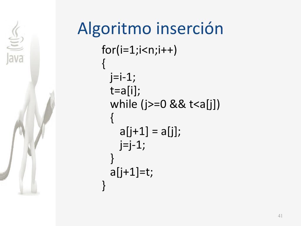 Algoritmo inserción for(i=1;i<n;i++) { j=i-1; t=a[i]; while (j>=0 && t<a[j]) a[j+1] = a[j]; j=j-1; } a[j+1]=t;