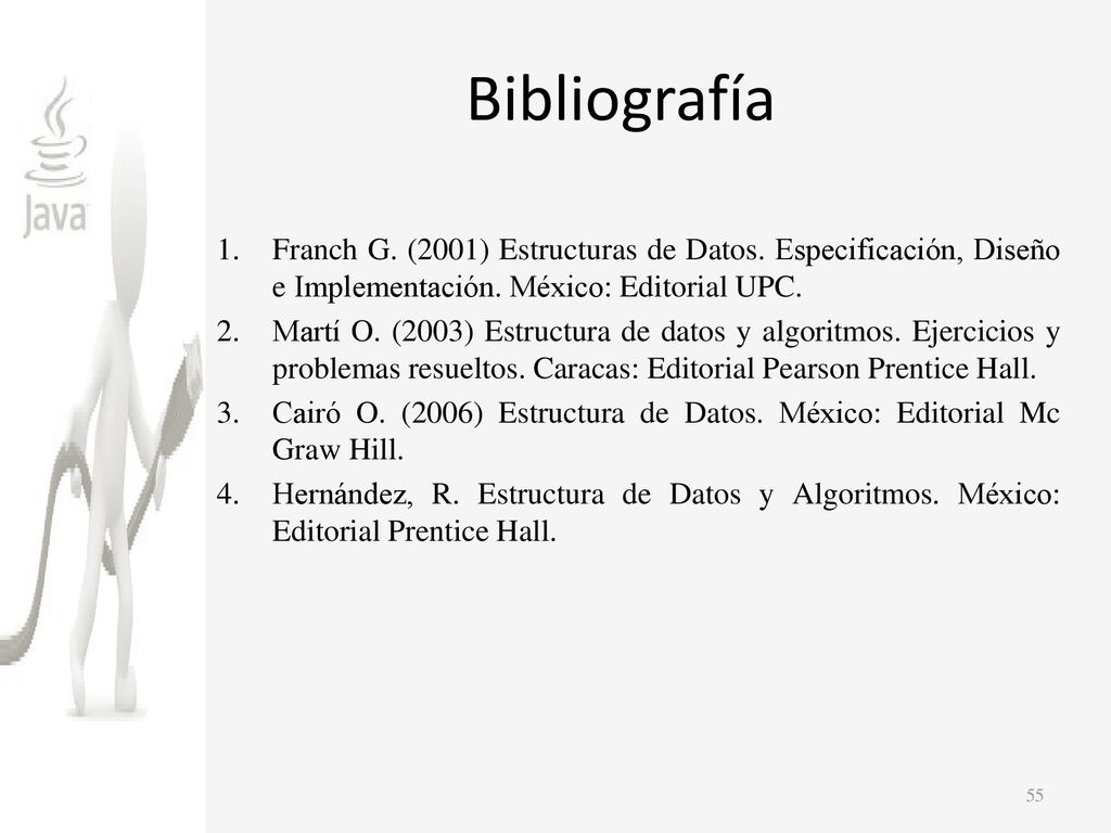 Bibliografía Franch G. (2001) Estructuras de Datos. Especificación, Diseño e Implementación. México: Editorial UPC.