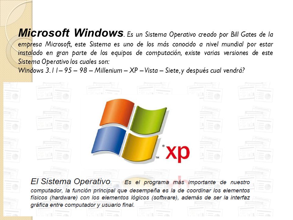 Microsoft Windows. Es un Sistema Operativo creado por Bill Gates de la empresa Microsoft, este Sistema es uno de los más conocido a nivel mundial por estar instalado en gran parte de los equipos de computación, existe varias versiones de este Sistema Operativo los cuales son: