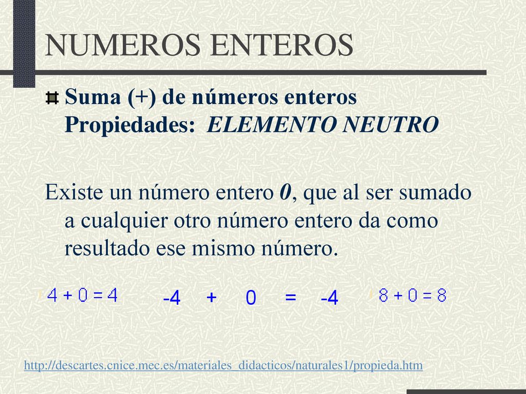 NUMEROS ENTEROS Suma (+) de números enteros Propiedades: ELEMENTO NEUTRO.