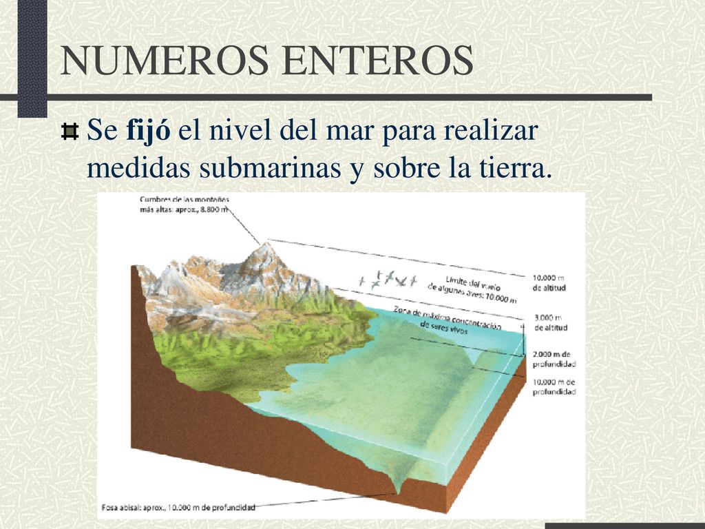 NUMEROS ENTEROS Se fijó el nivel del mar para realizar medidas submarinas y sobre la tierra.