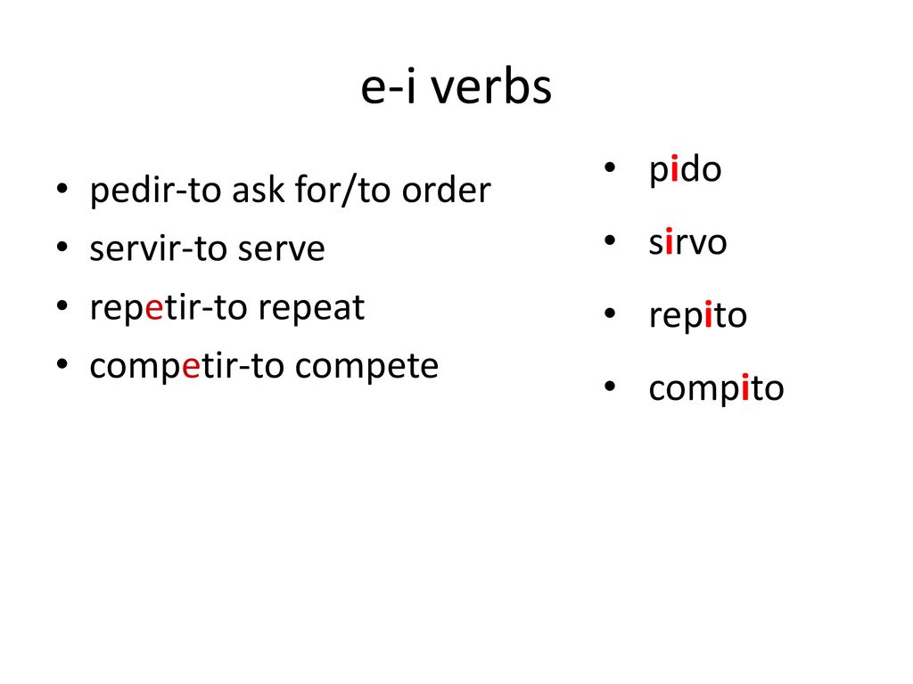 e-i verbs pido pedir-to ask for/to order sirvo servir-to serve repito
