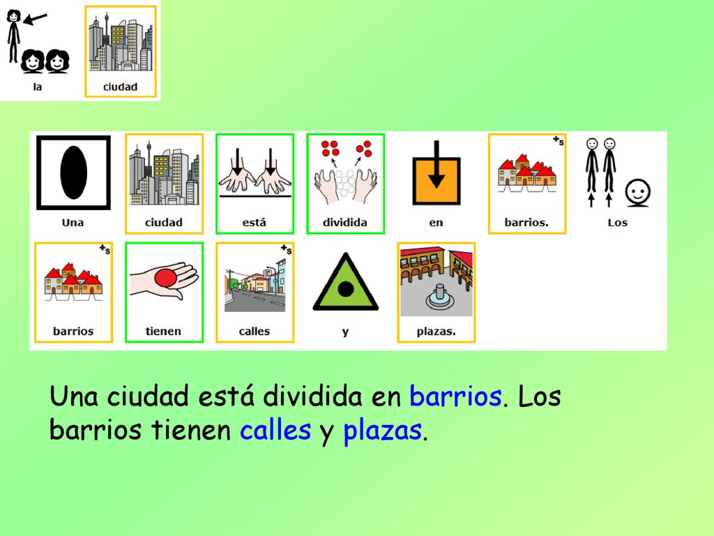 Una ciudad está dividida en barrios. Los barrios tienen calles y plazas.
