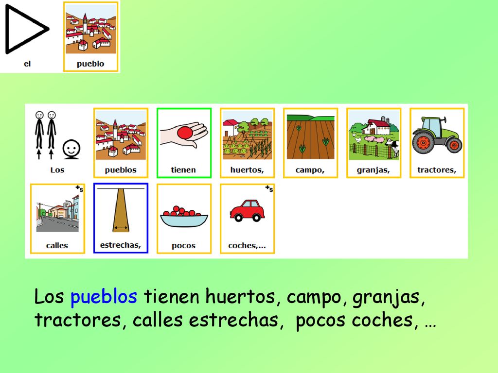 Los pueblos tienen huertos, campo, granjas, tractores, calles estrechas, pocos coches, …