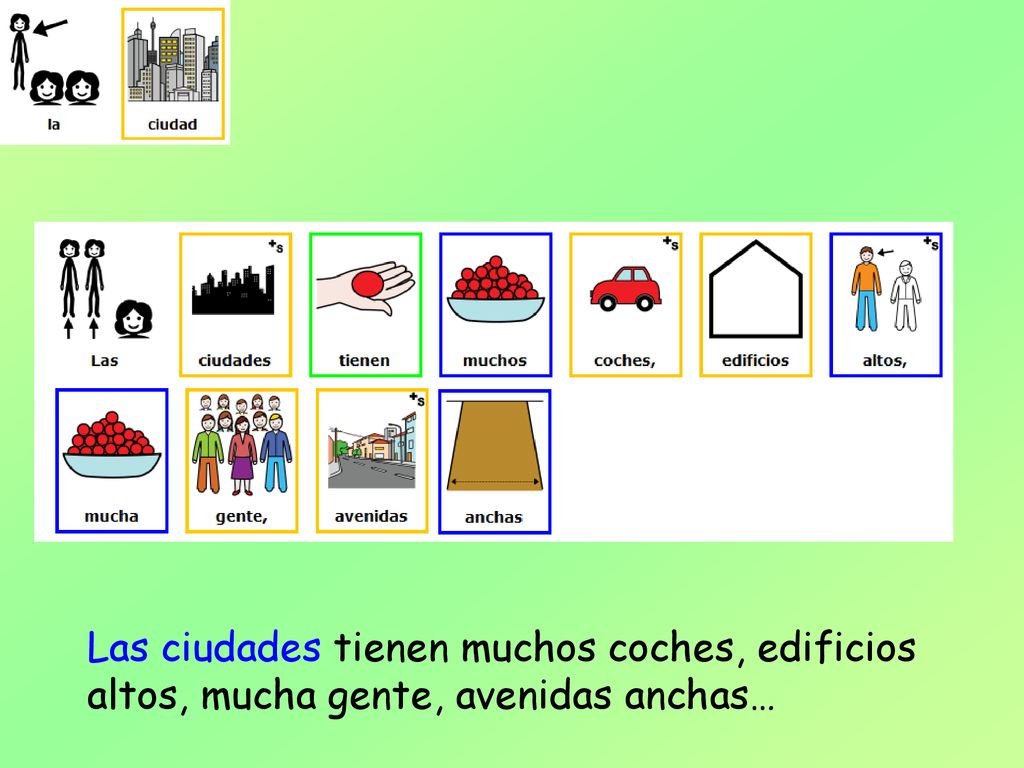 Las ciudades tienen muchos coches, edificios altos, mucha gente, avenidas anchas…