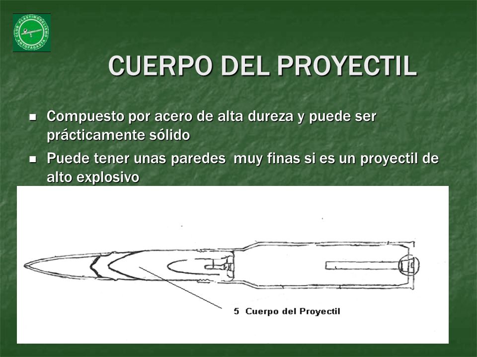 CUERPO DEL PROYECTIL Compuesto por acero de alta dureza y puede ser prácticamente sólido.