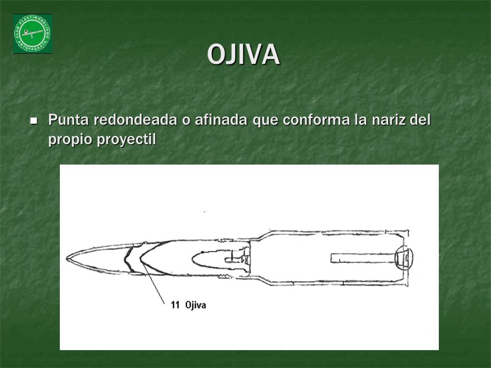 OJIVA Punta redondeada o afinada que conforma la nariz del propio proyectil