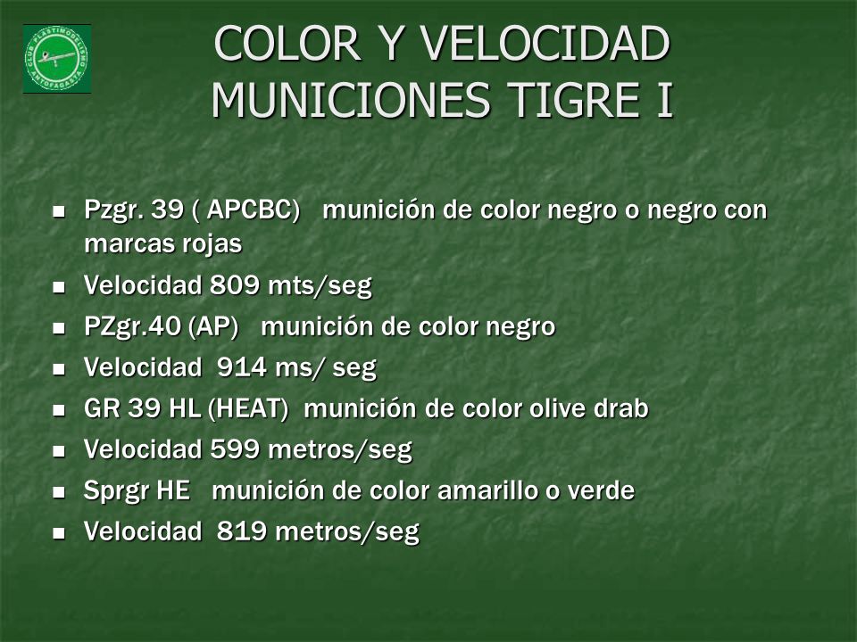 COLOR Y VELOCIDAD MUNICIONES TIGRE I