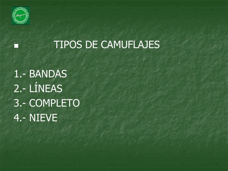 TIPOS DE CAMUFLAJES 1.- BANDAS 2.- LÍNEAS 3.- COMPLETO 4.- NIEVE