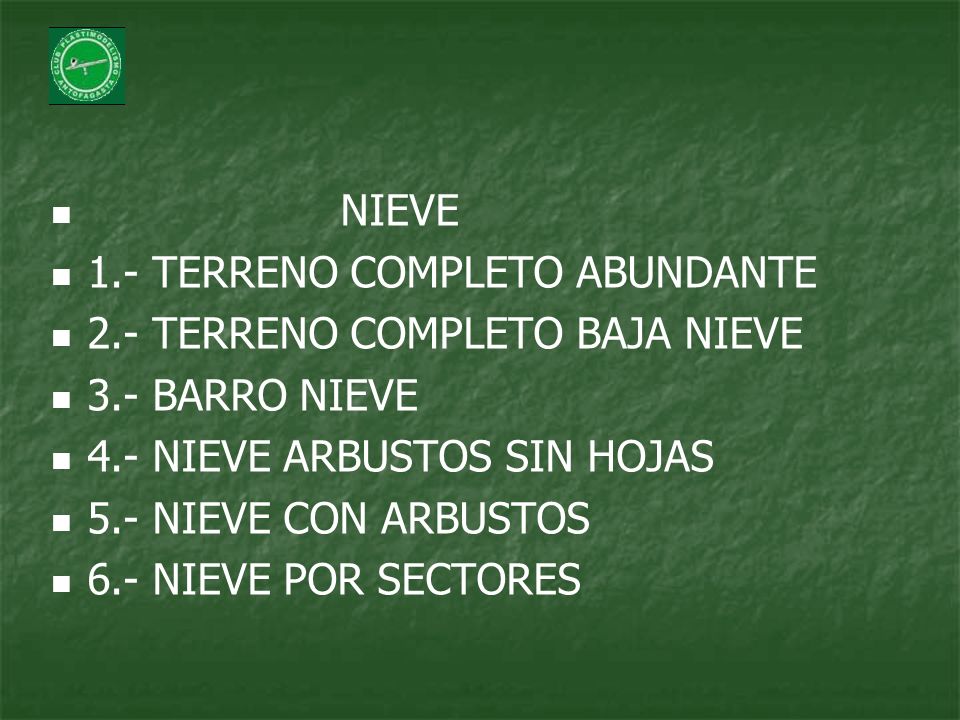 NIEVE 1.- TERRENO COMPLETO ABUNDANTE. 2.- TERRENO COMPLETO BAJA NIEVE. 3.- BARRO NIEVE. 4.- NIEVE ARBUSTOS SIN HOJAS.