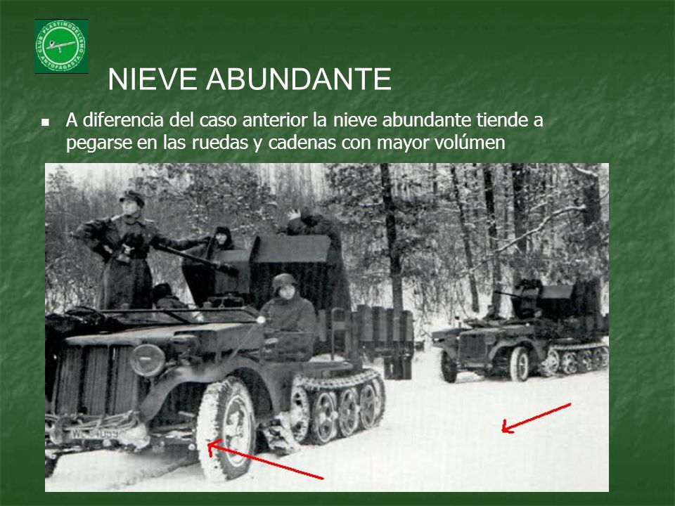 NIEVE ABUNDANTE A diferencia del caso anterior la nieve abundante tiende a pegarse en las ruedas y cadenas con mayor volúmen.