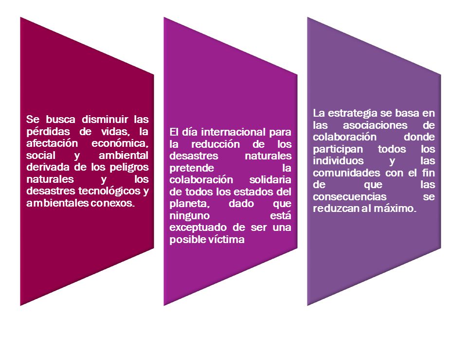 Se busca disminuir las pérdidas de vidas, la afectación económica, social y ambiental derivada de los peligros naturales y los desastres tecnológicos y ambientales conexos.