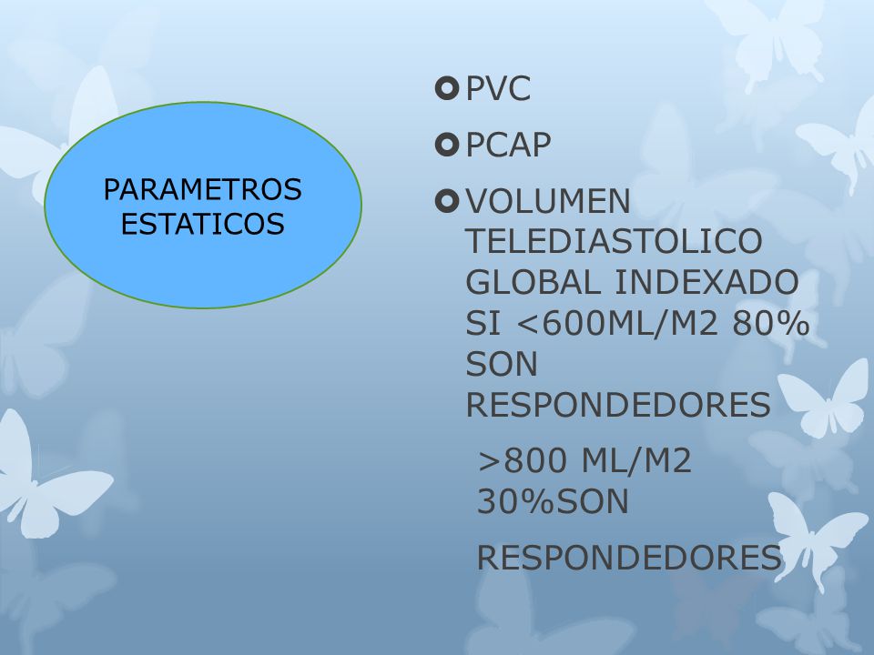 PVC PCAP. VOLUMEN TELEDIASTOLICO GLOBAL INDEXADO SI <600ML/M2 80% SON RESPONDEDORES. >800 ML/M2 30%SON.