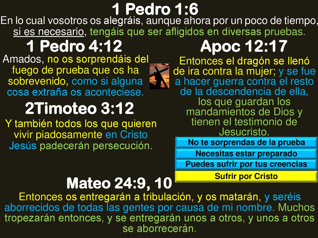 1 Pedro 1:6 1 Pedro 4:12 Apoc 12:17 2Timoteo 3:12