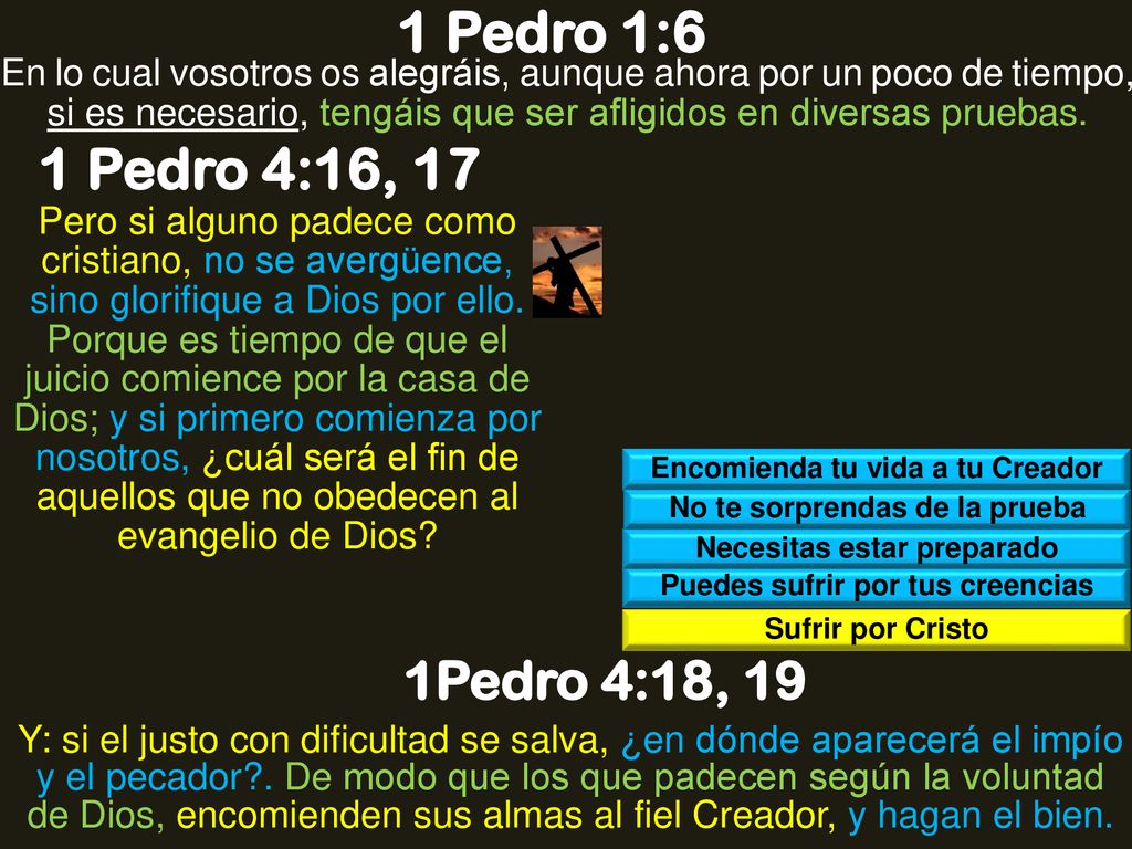 1 Pedro 1:6 En lo cual vosotros os alegráis, aunque ahora por un poco de tiempo, si es necesario, tengáis que ser afligidos en diversas pruebas.