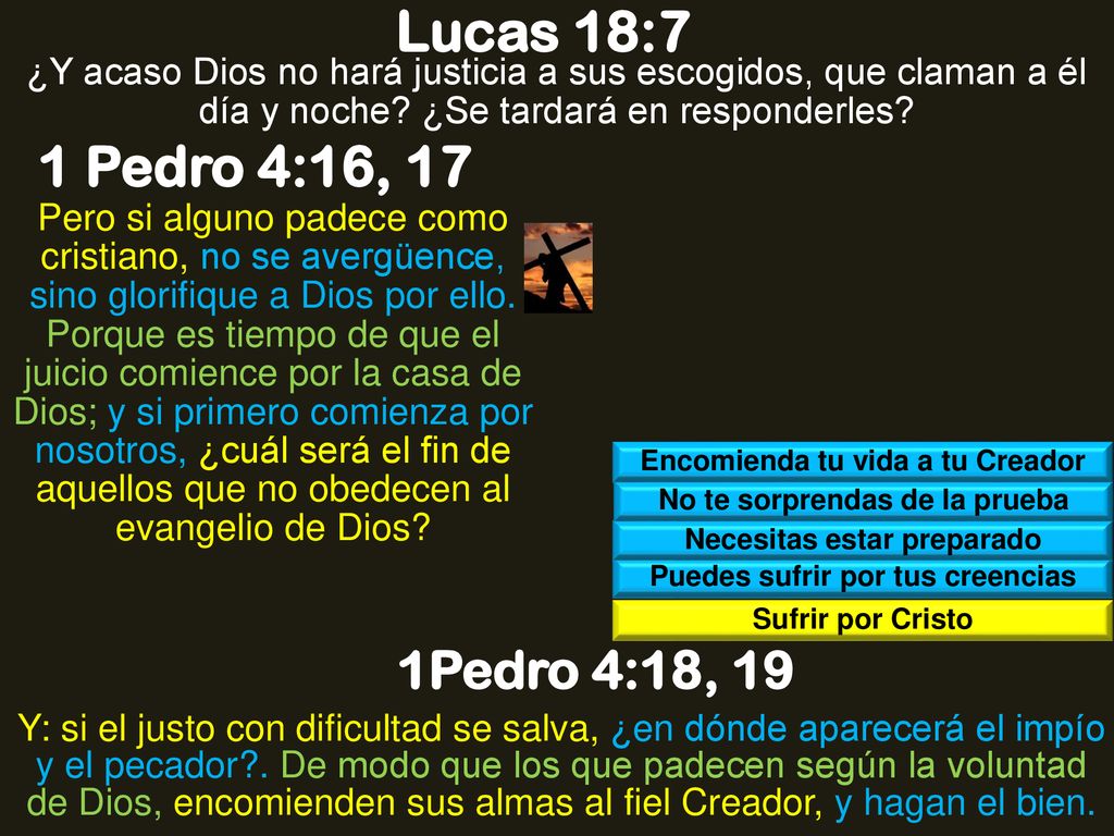 Lucas 18:7 ¿Y acaso Dios no hará justicia a sus escogidos, que claman a él día y noche ¿Se tardará en responderles