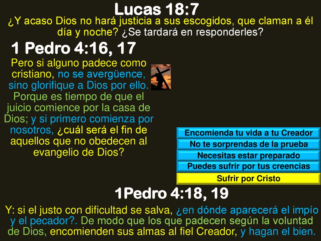 Lucas 18:7 ¿Y acaso Dios no hará justicia a sus escogidos, que claman a él día y noche ¿Se tardará en responderles