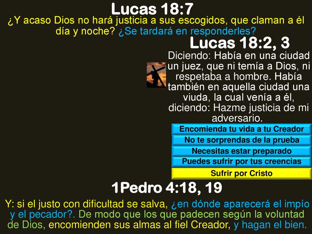Lucas 18:7 ¿Y acaso Dios no hará justicia a sus escogidos, que claman a él día y noche ¿Se tardará en responderles