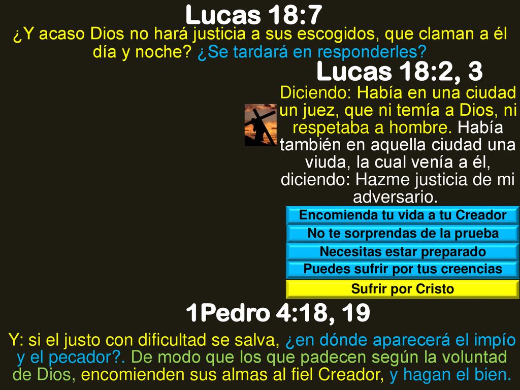 Lucas 18:7 ¿Y acaso Dios no hará justicia a sus escogidos, que claman a él día y noche ¿Se tardará en responderles