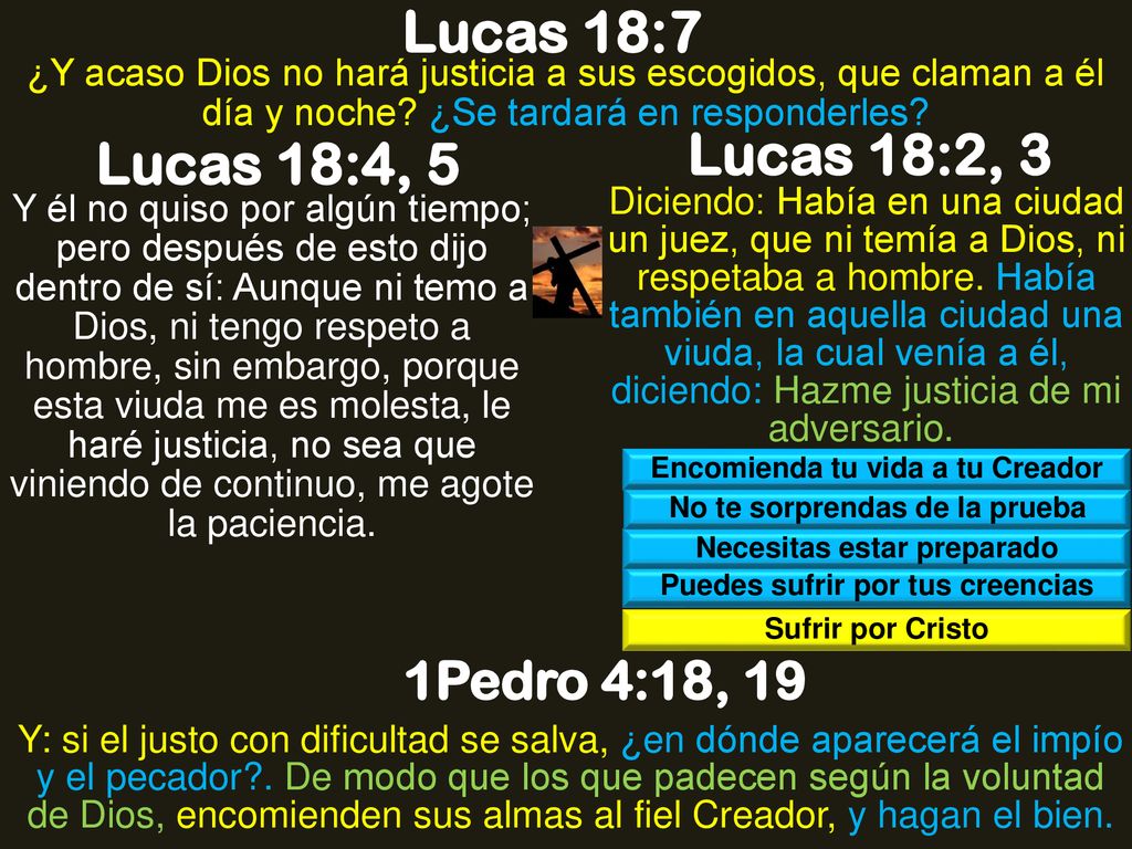 Lucas 18:7 Lucas 18:2, 3 Lucas 18:4, 5 1Pedro 4:18, 19